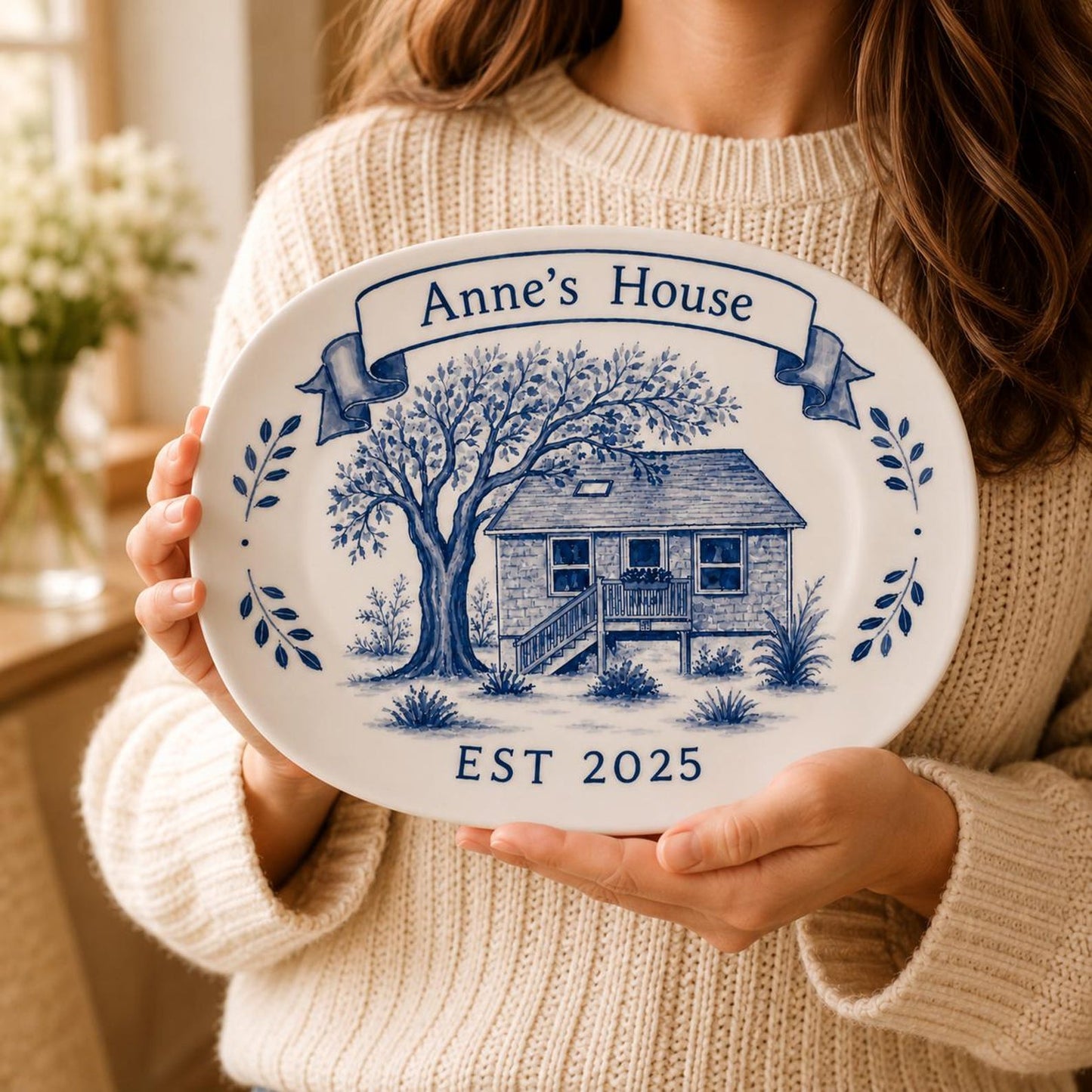 Hand-painted custom house portrait ceramic plate from a home photo