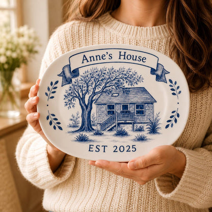 Hand-painted custom house portrait ceramic plate from a home photo