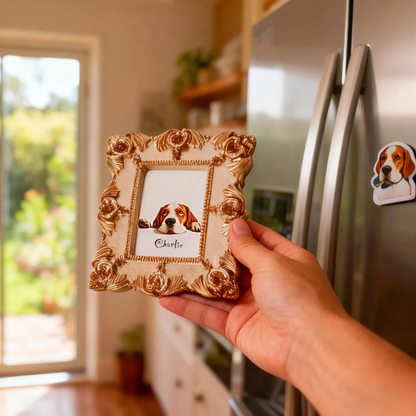Hand-painted custom pet portrait fridge magnet in a vintage-style frame