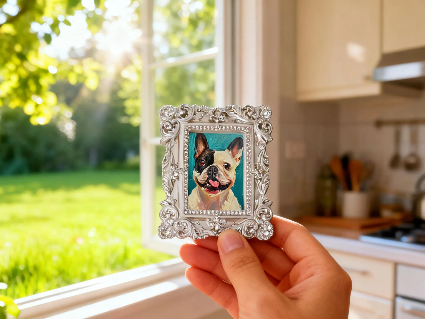 Personalized pet portrait refrigerator magnet with hand-painted acrylic artwork