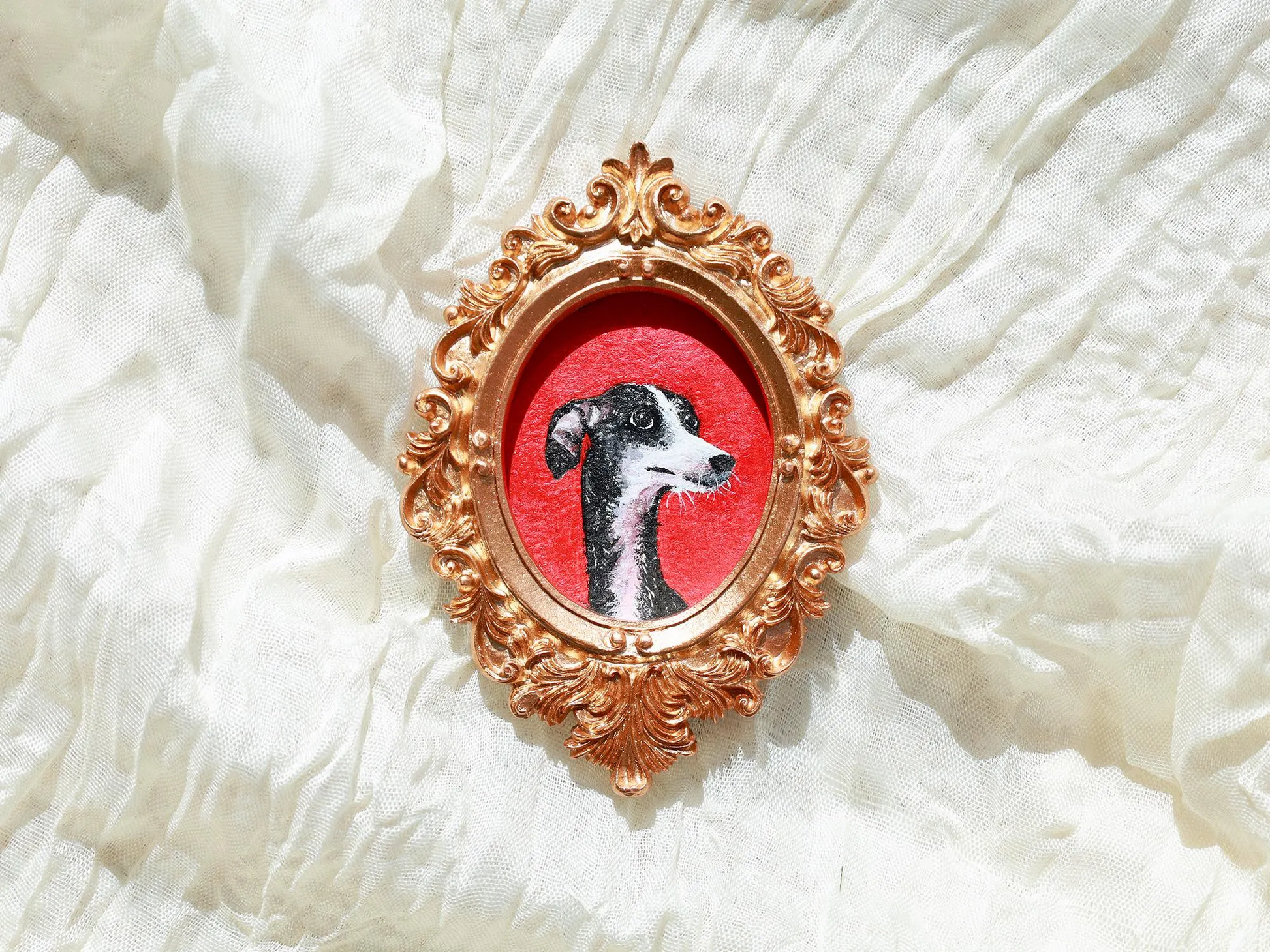 Custom dog or cat portrait fridge magnet in a decorative vintage frame