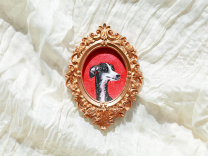 Custom dog or cat portrait fridge magnet in a decorative vintage frame