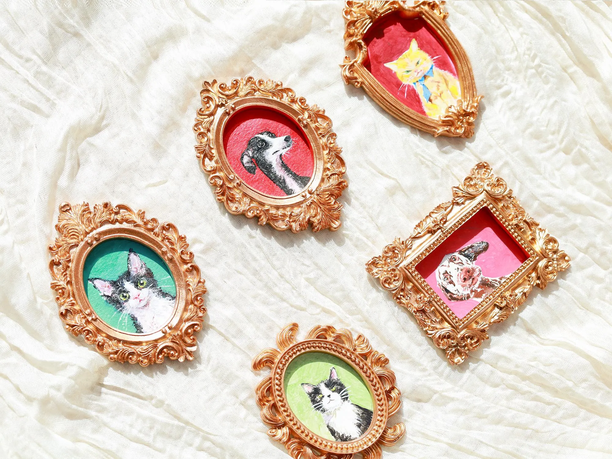 Mini hand-painted pet portrait magnet made from a customer photo