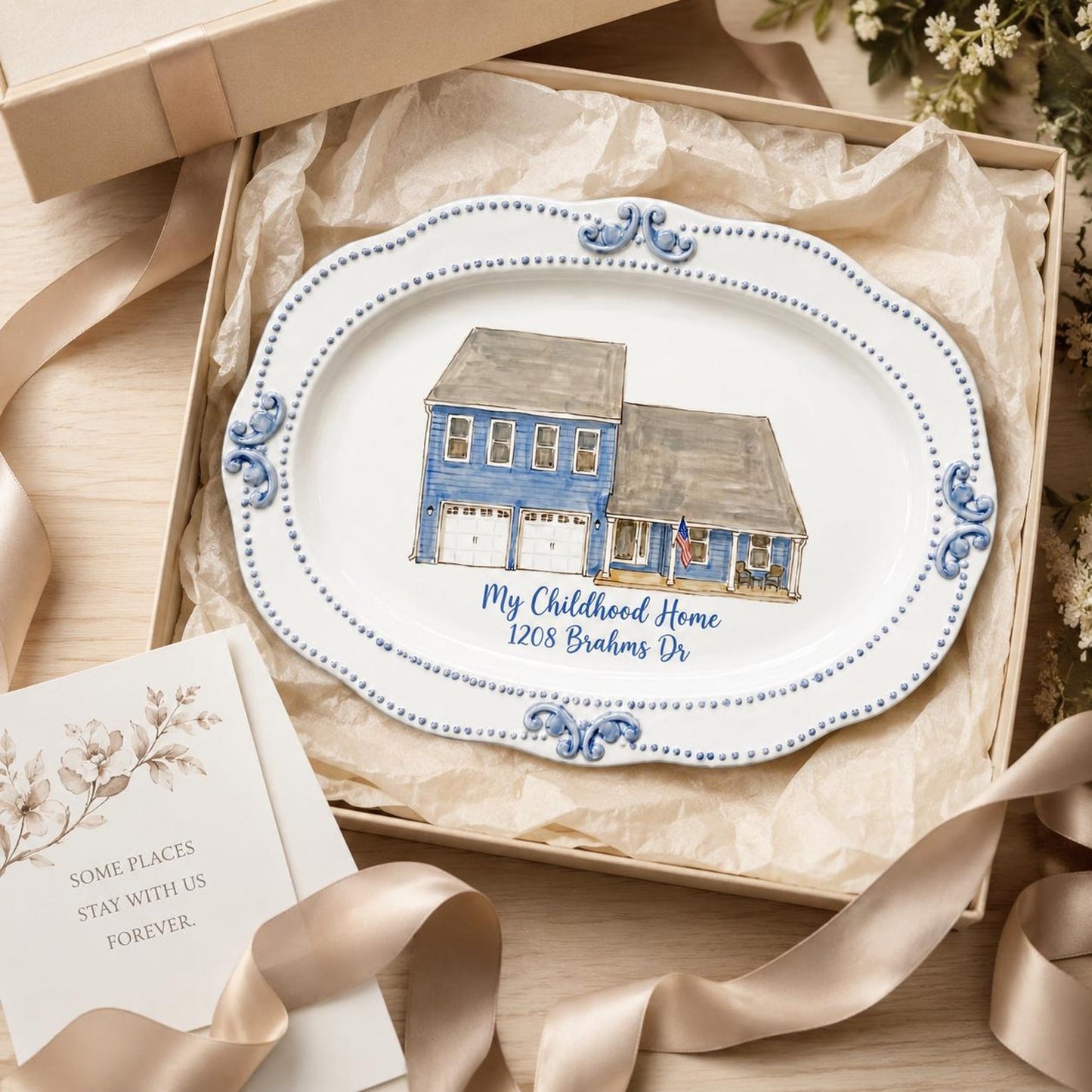 Hand-painted ceramic wall plate with a custom house portrait