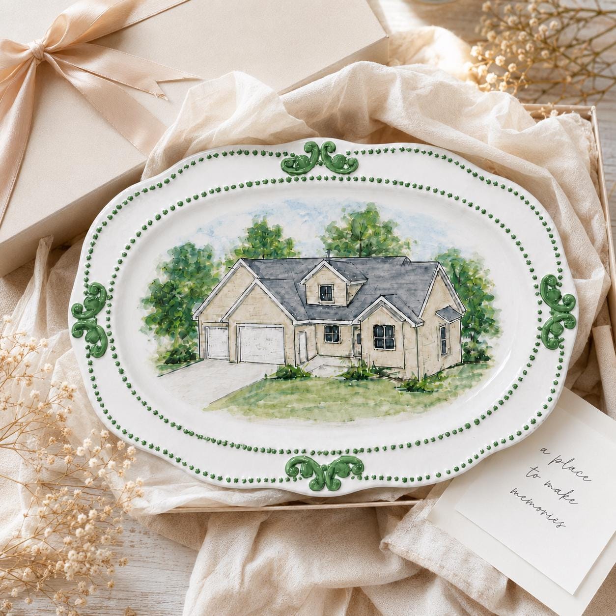 Custom house portrait wall plate painted from a home photo