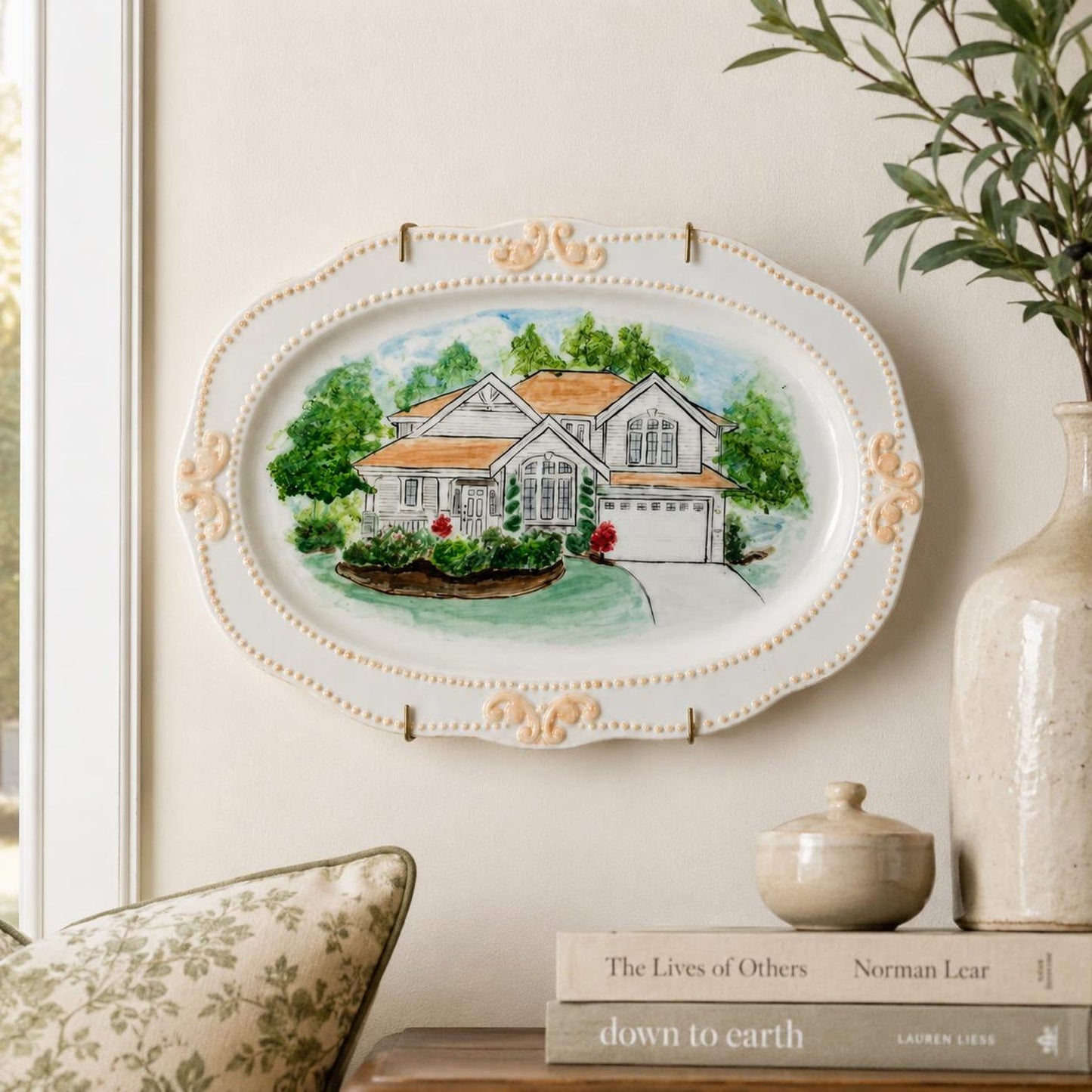 Personalized hand-painted house portrait ceramic wall plate
