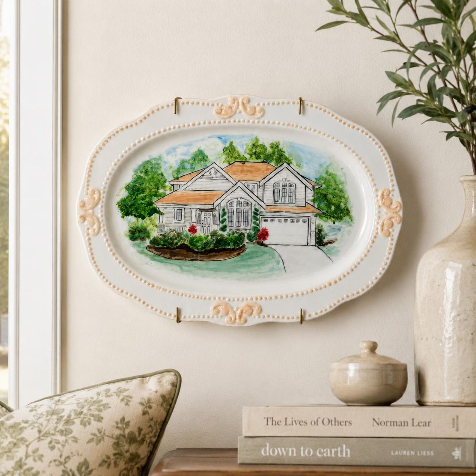 Personalized hand-painted house portrait ceramic wall plate