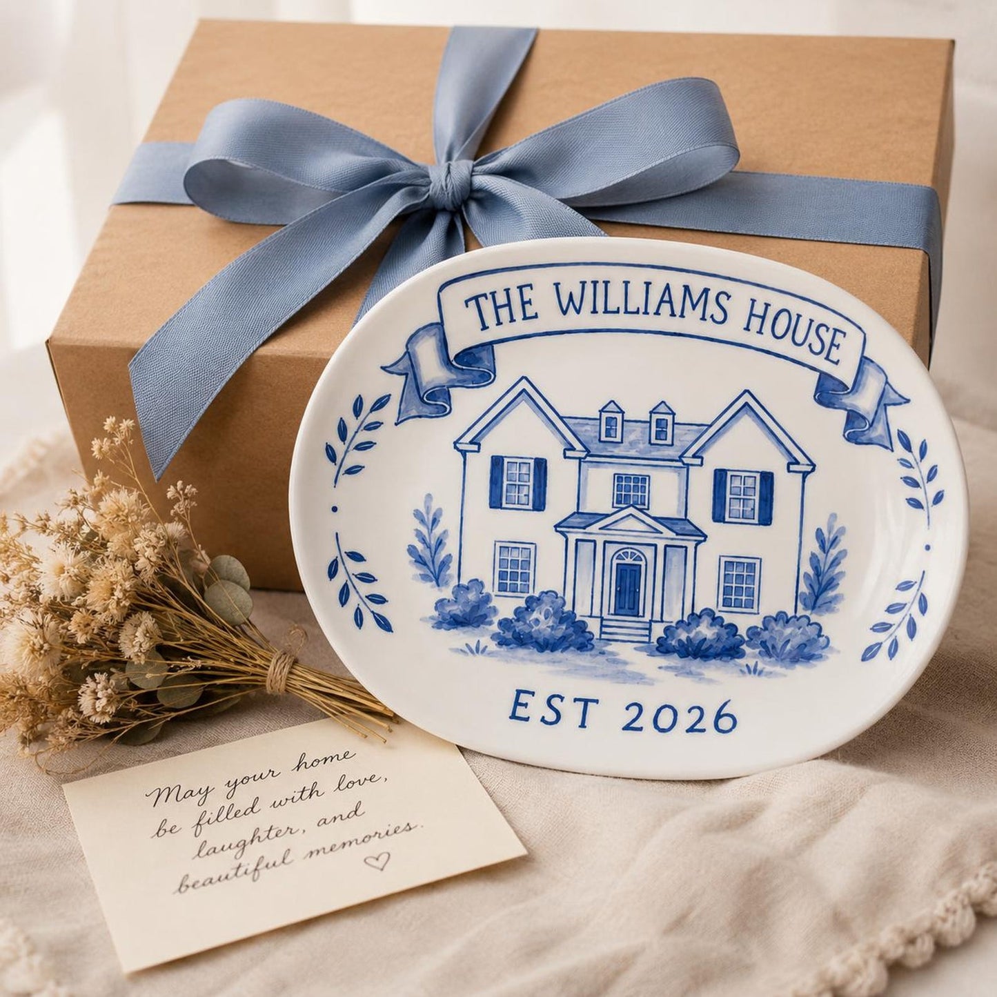 Hand-painted custom house portrait ceramic plate from a home photo