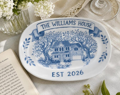 Hand-painted custom house portrait ceramic plate from a home photo