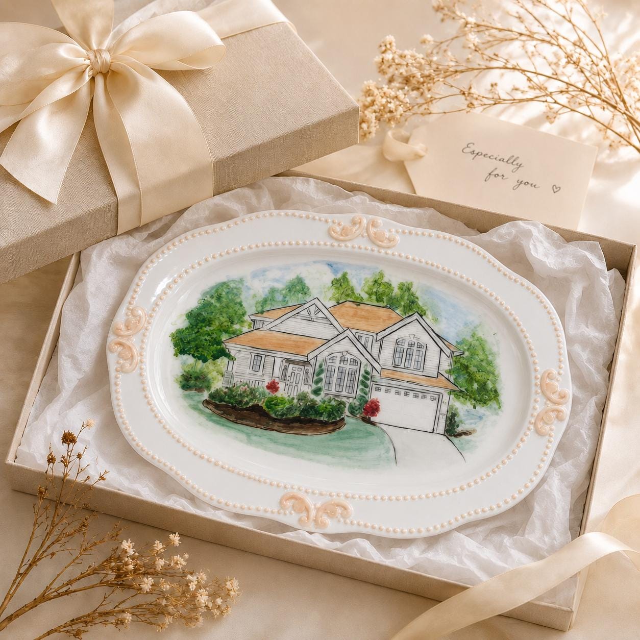 Hand-painted ceramic wall plate with a custom house portrait