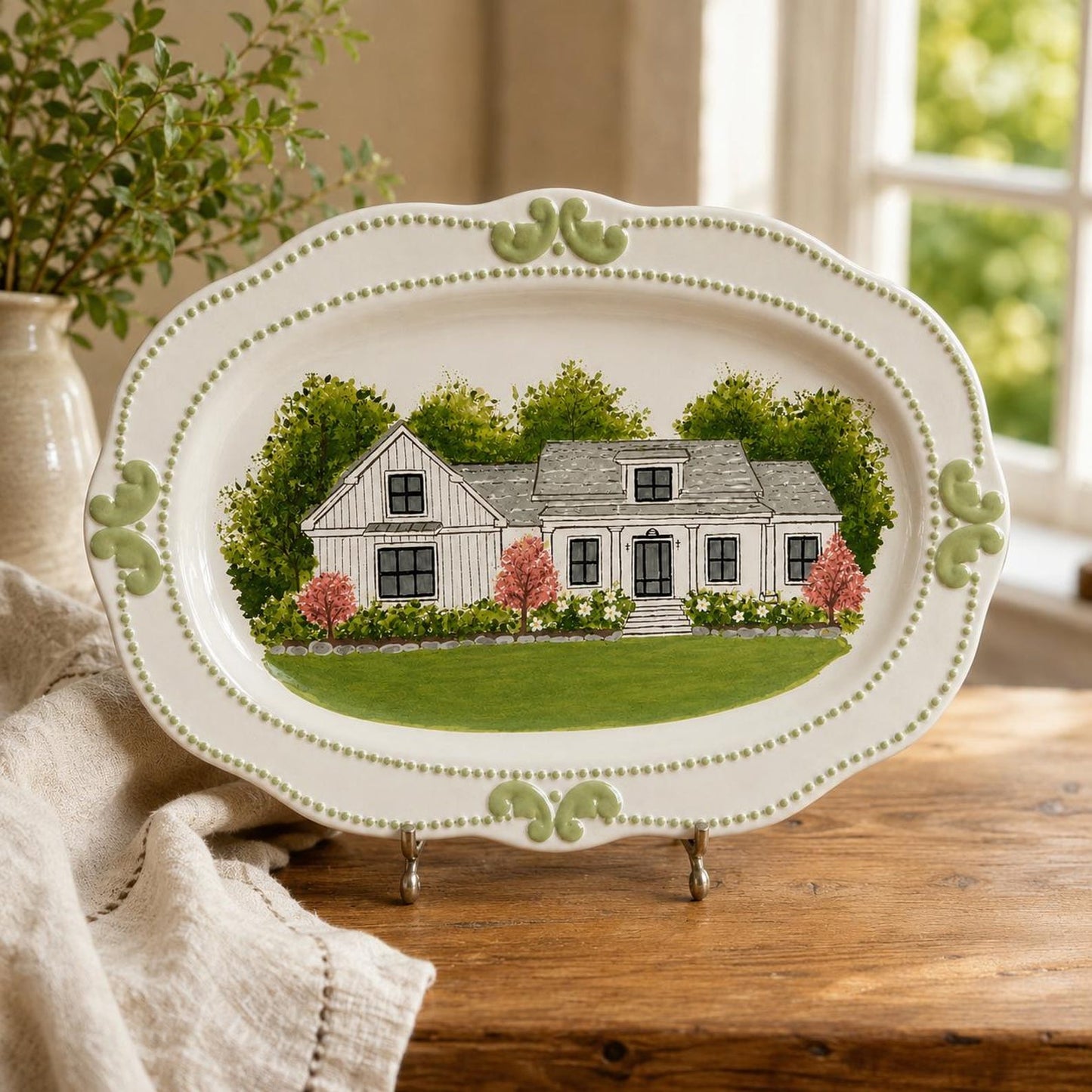 Custom house portrait wall plate painted from a home photo