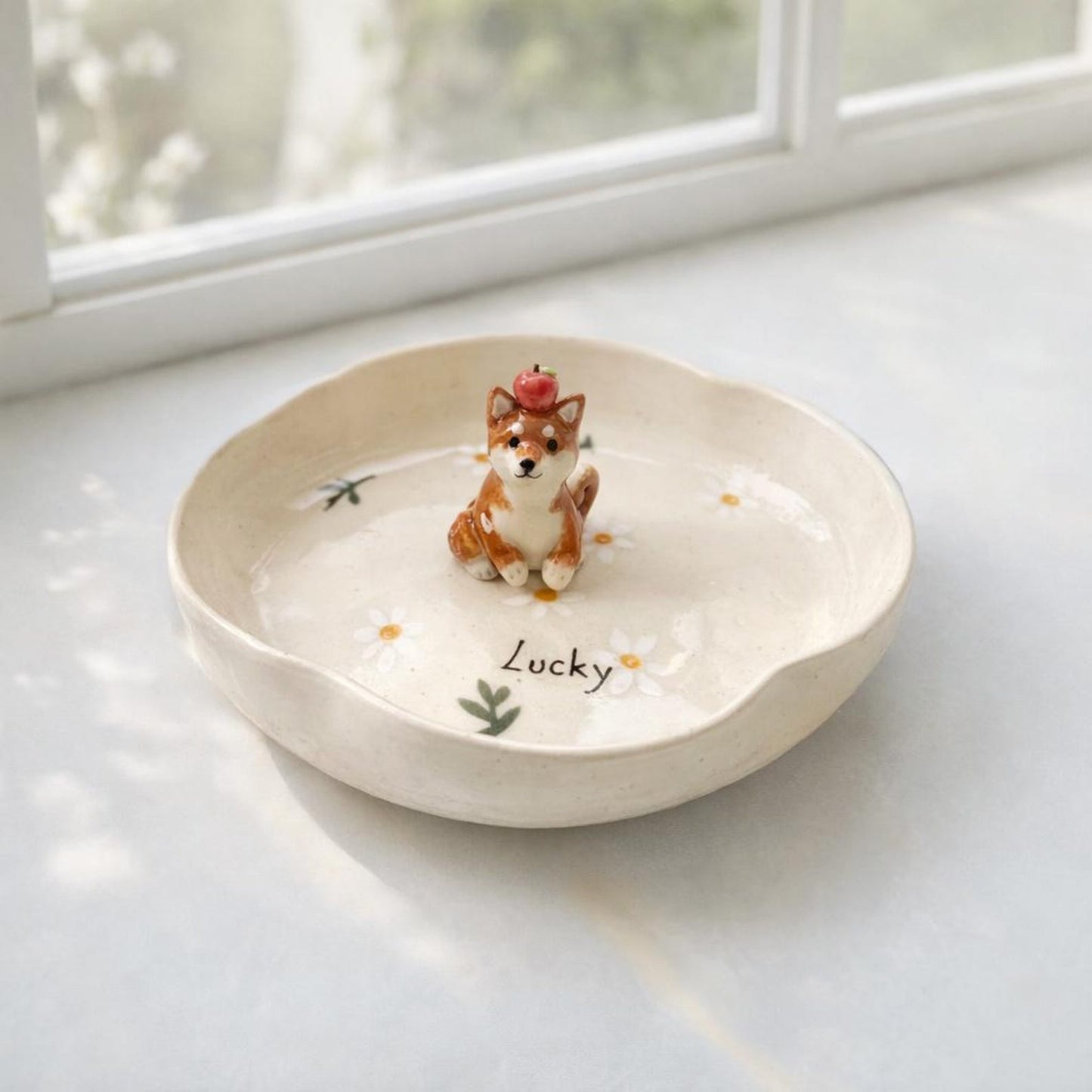 Custom 3D pet figurine ring dish with hand-painted ceramic tray