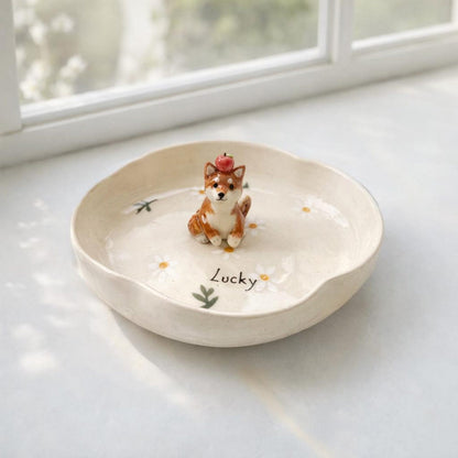 Custom 3D pet figurine ring dish with hand-painted ceramic tray
