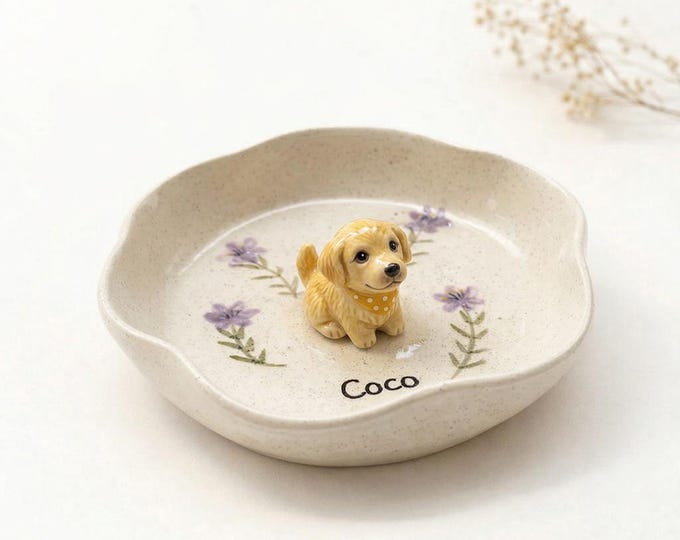 Custom 3D pet figurine ring dish with hand-painted ceramic tray