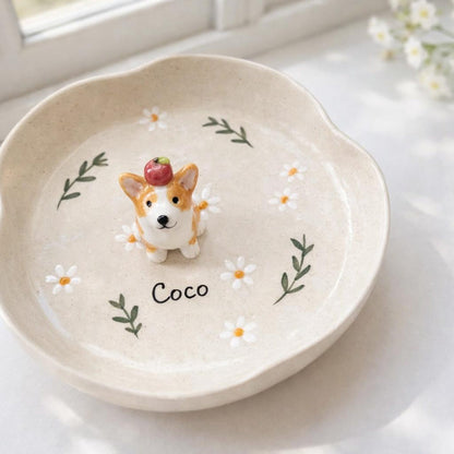 Custom 3D pet figurine ring dish with hand-painted ceramic tray