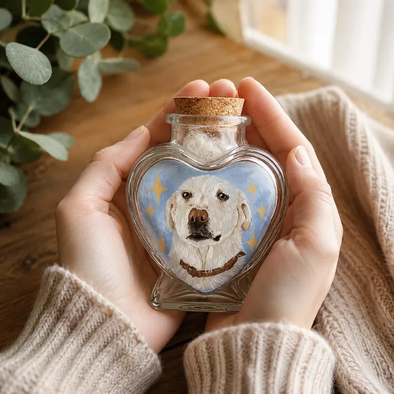 Custom hand-painted pet hair keepsake bottle with personalized dog portrait