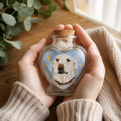 Custom hand-painted pet hair keepsake bottle with personalized dog portrait