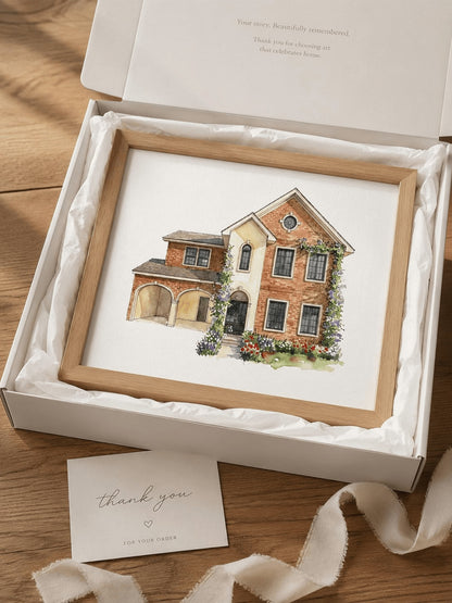 Custom hand-painted home and family watercolor portrait