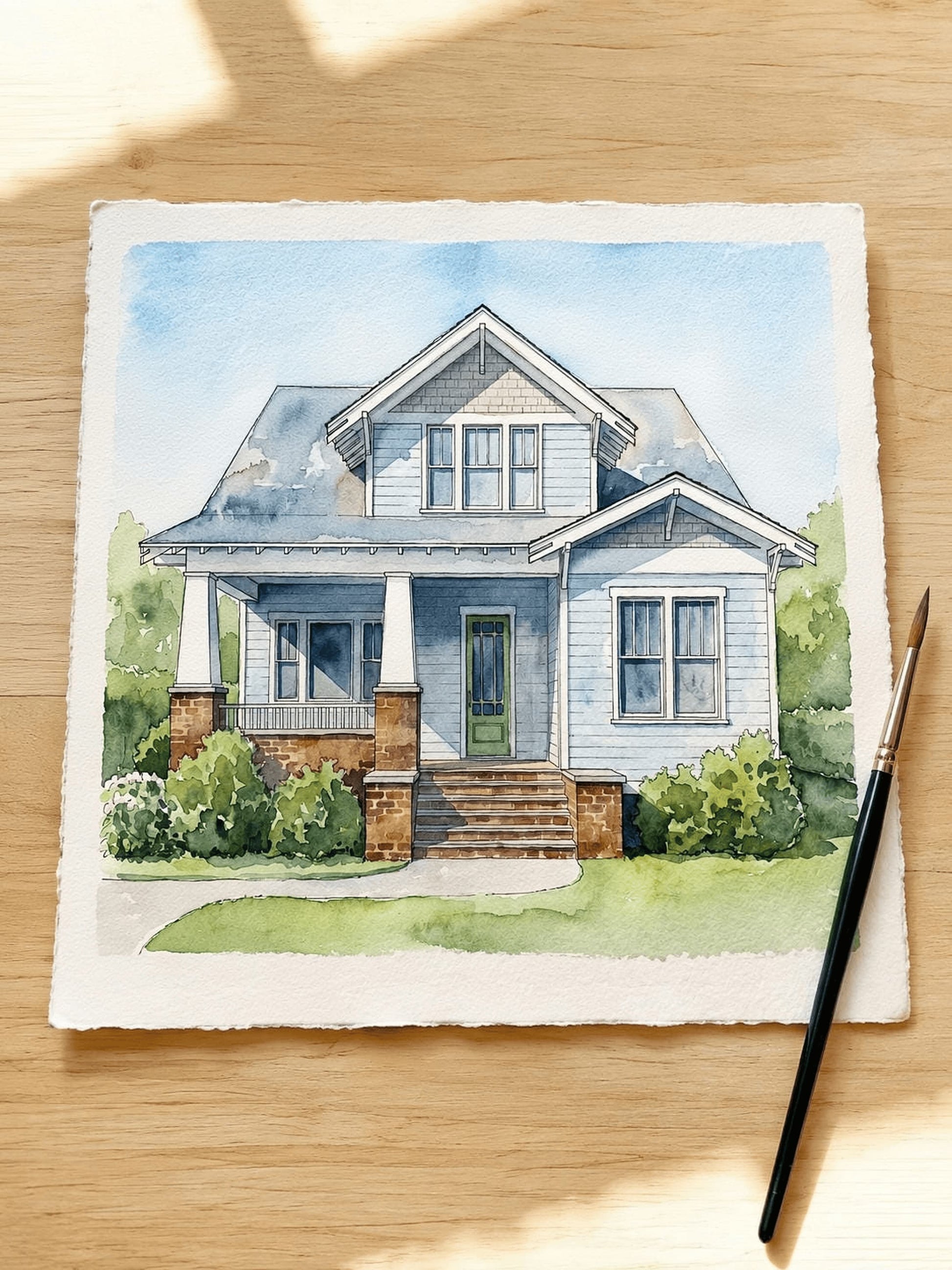 Hand-painted family and house watercolor portrait keepsake
