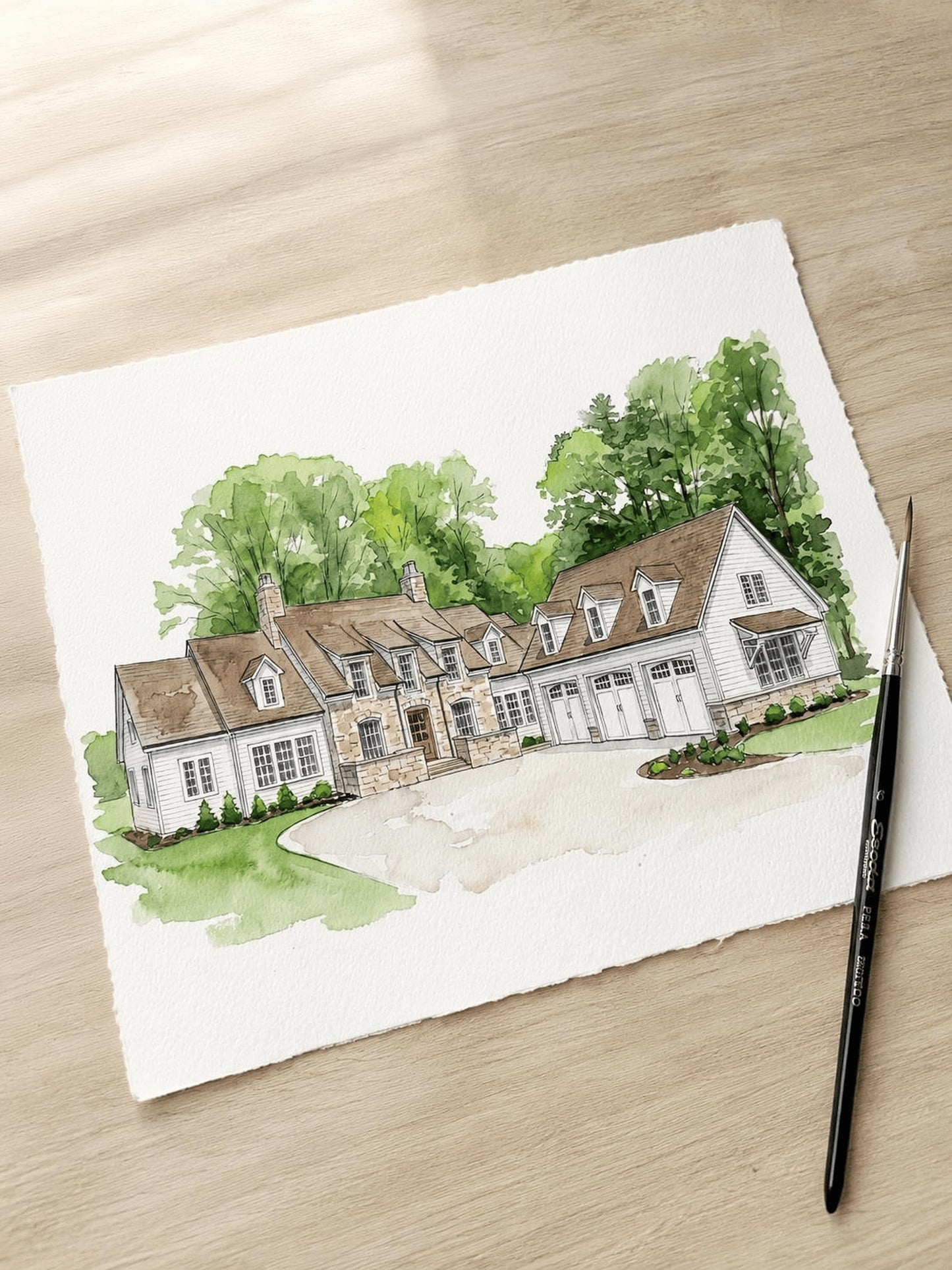 Custom watercolor portrait of a home and family