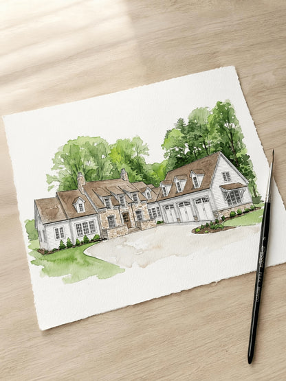 Custom watercolor portrait of a home and family