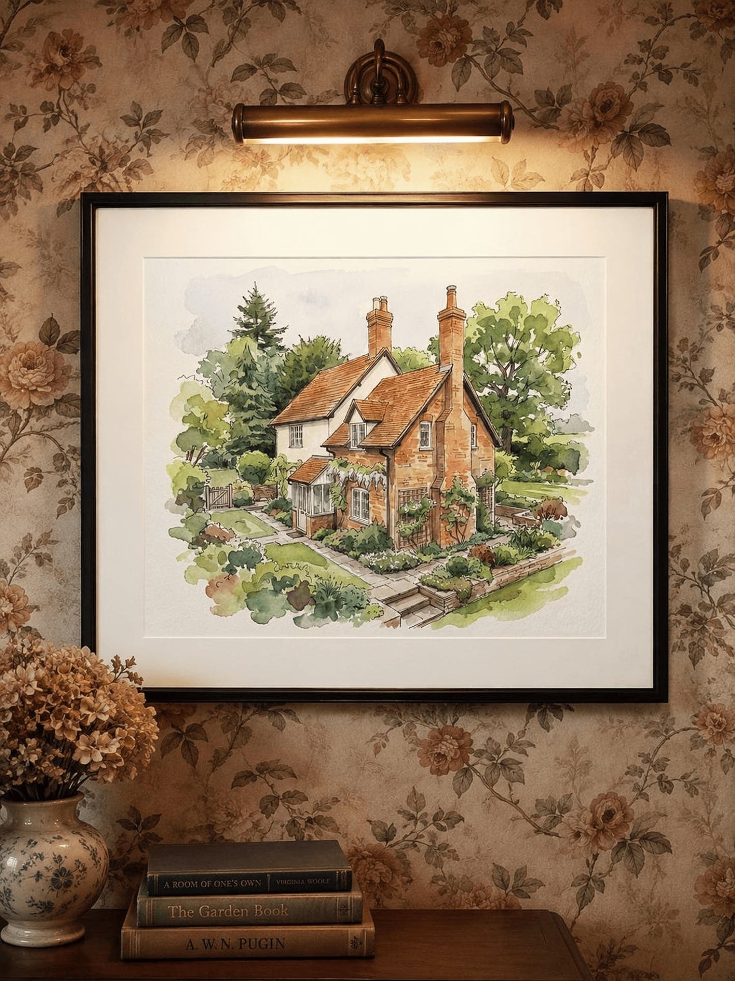Custom hand-painted home and family watercolor portrait