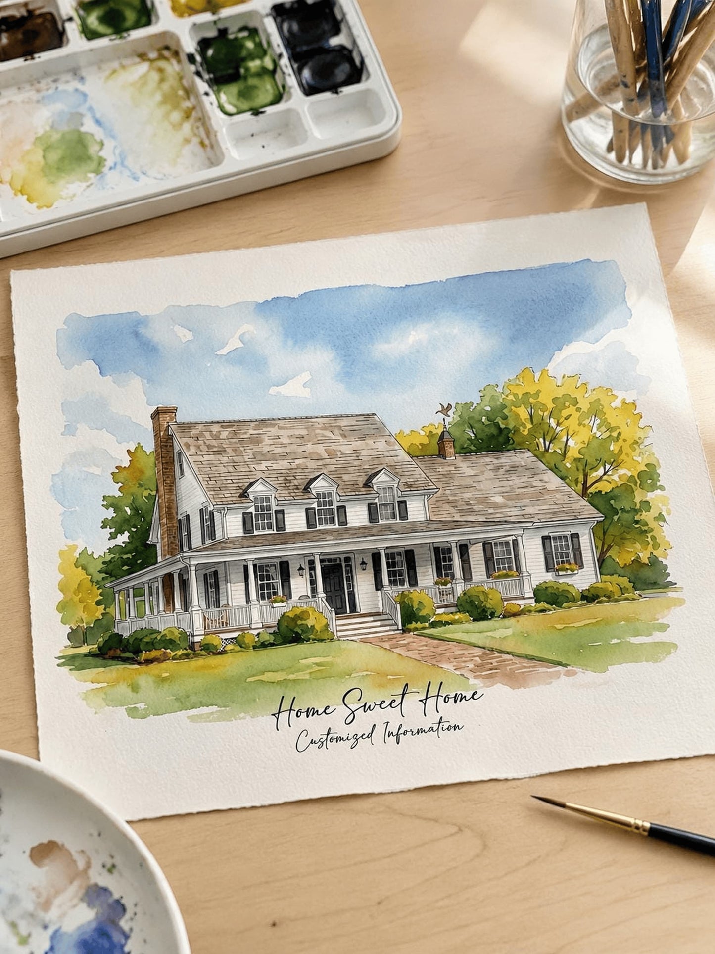Hand-painted family and house watercolor portrait keepsake