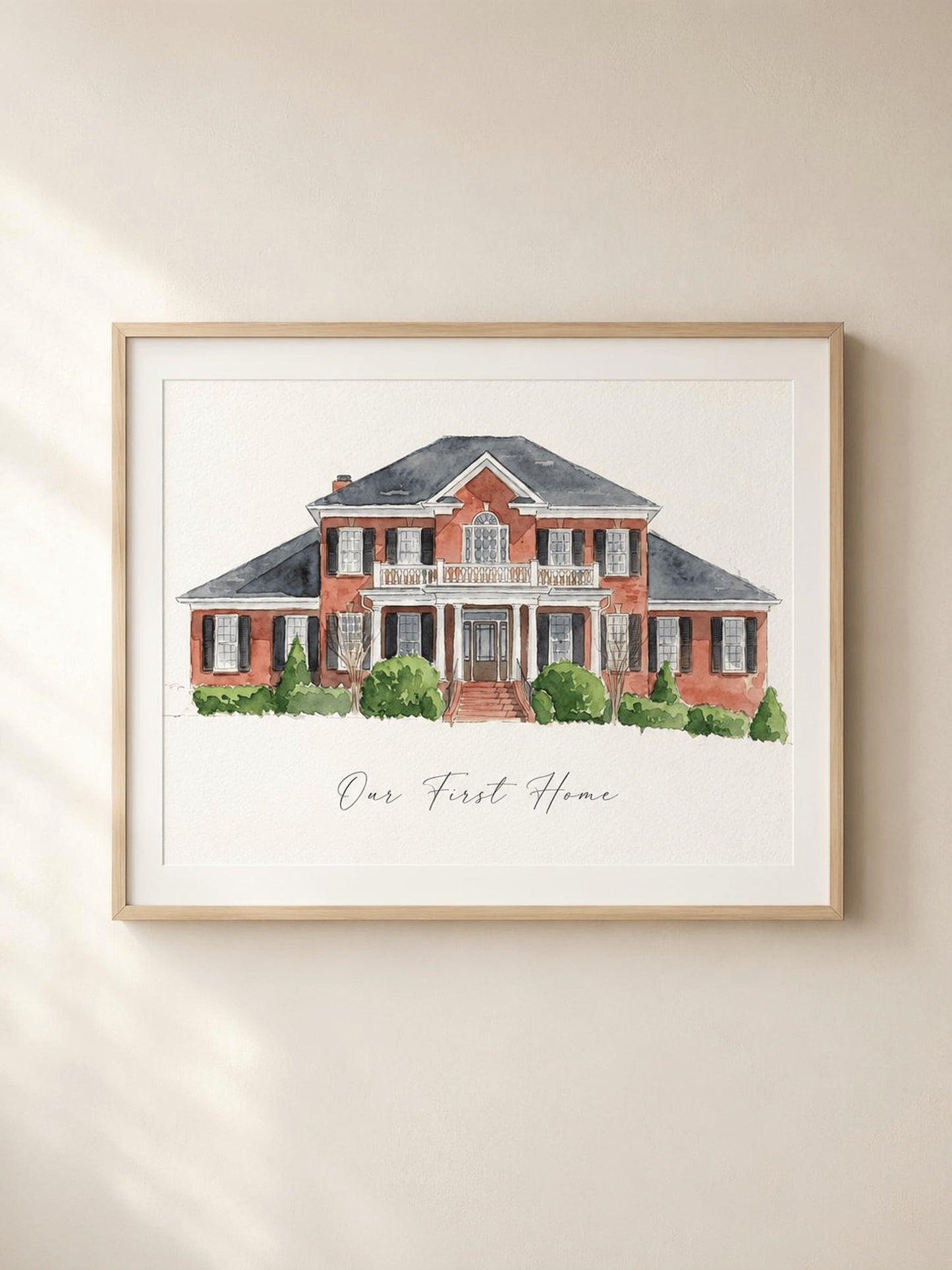 Custom watercolor portrait of a home and family