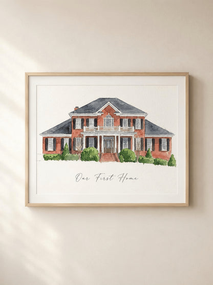 Custom watercolor portrait of a home and family