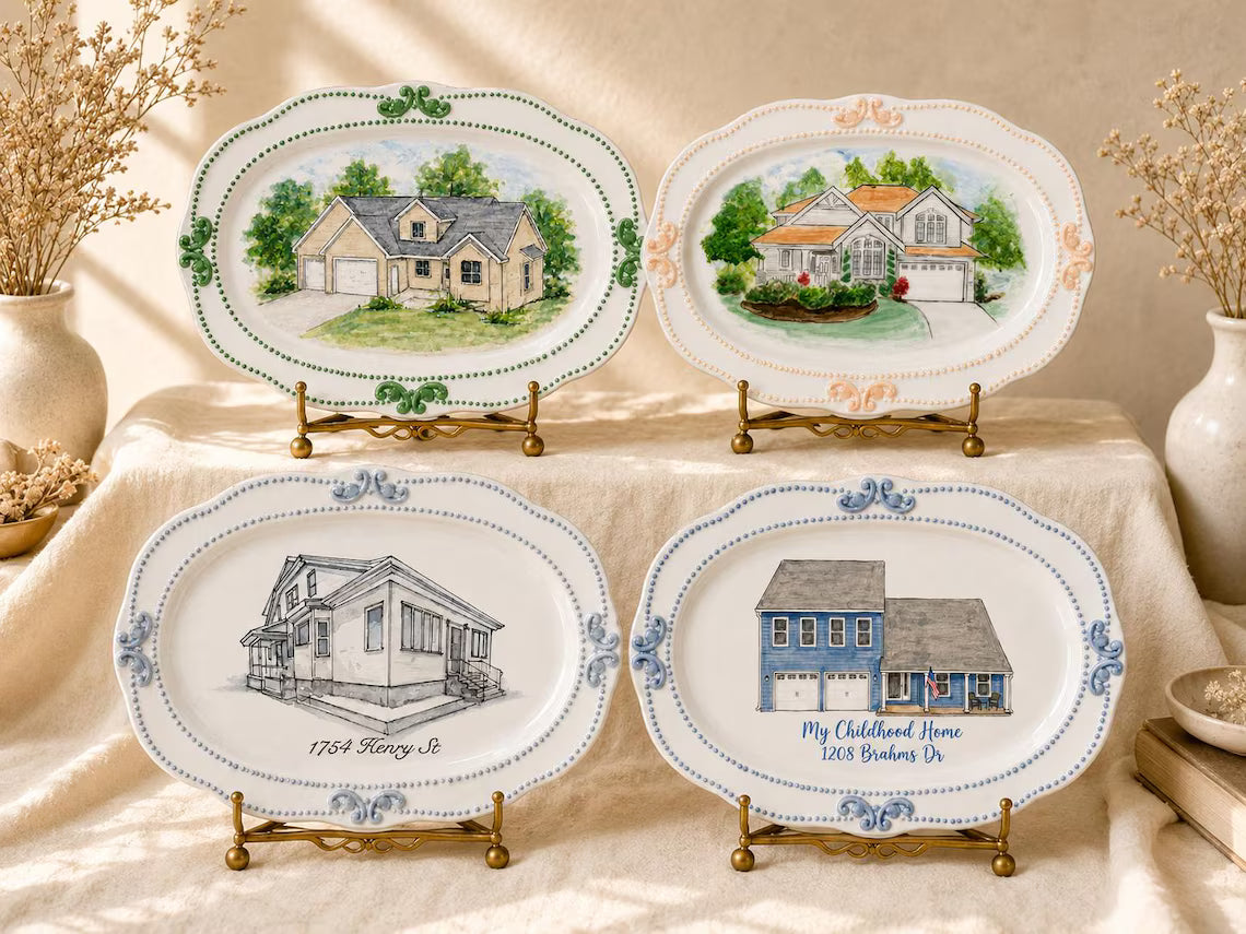 Hand-painted custom house portrait ceramic wall plate from a home photo