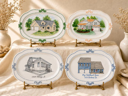 Hand-painted custom house portrait ceramic wall plate from a home photo
