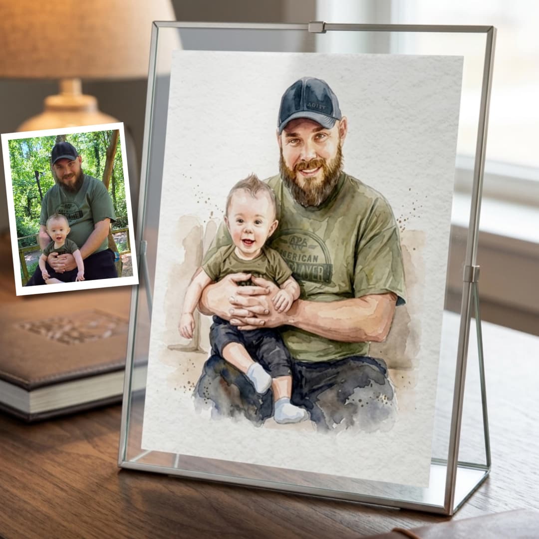 Personalized remembrance watercolor portrait painted by hand