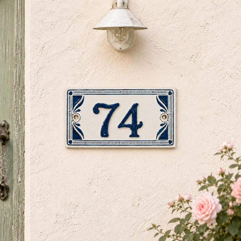 Personalized hand-painted ceramic house number plaque - 14